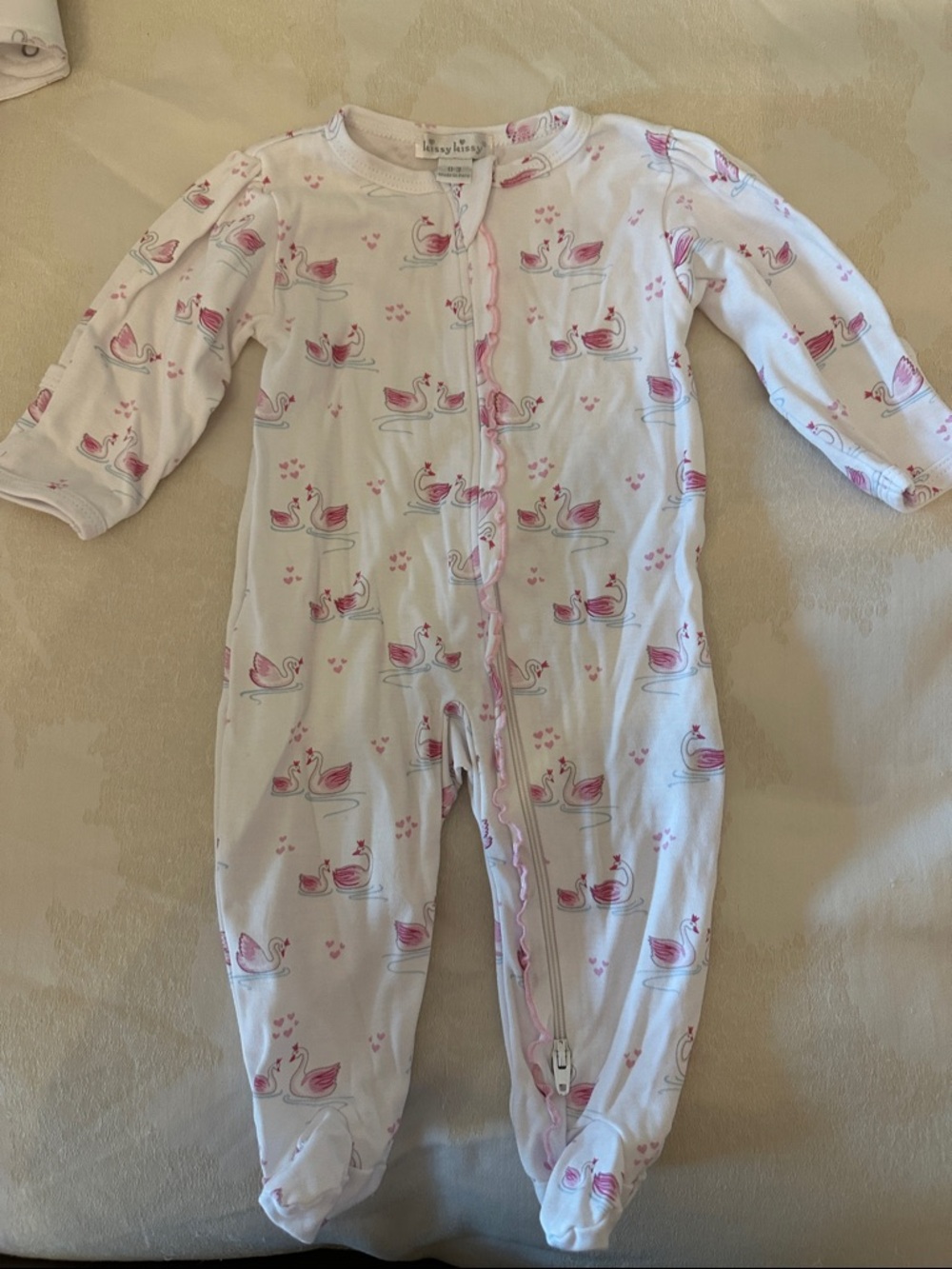 Kissy Kissy White Footed One-Piece with Pink Swan Print